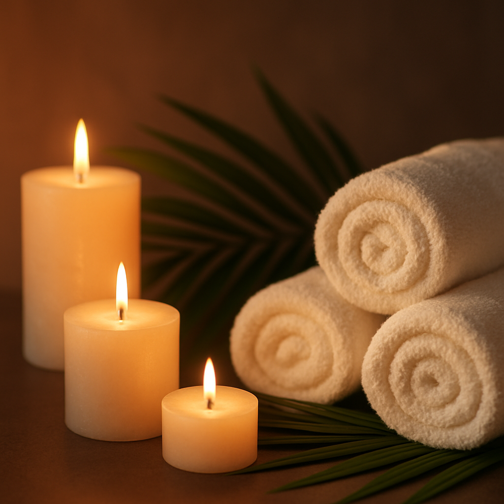 Lit candles and towels in a spa setting