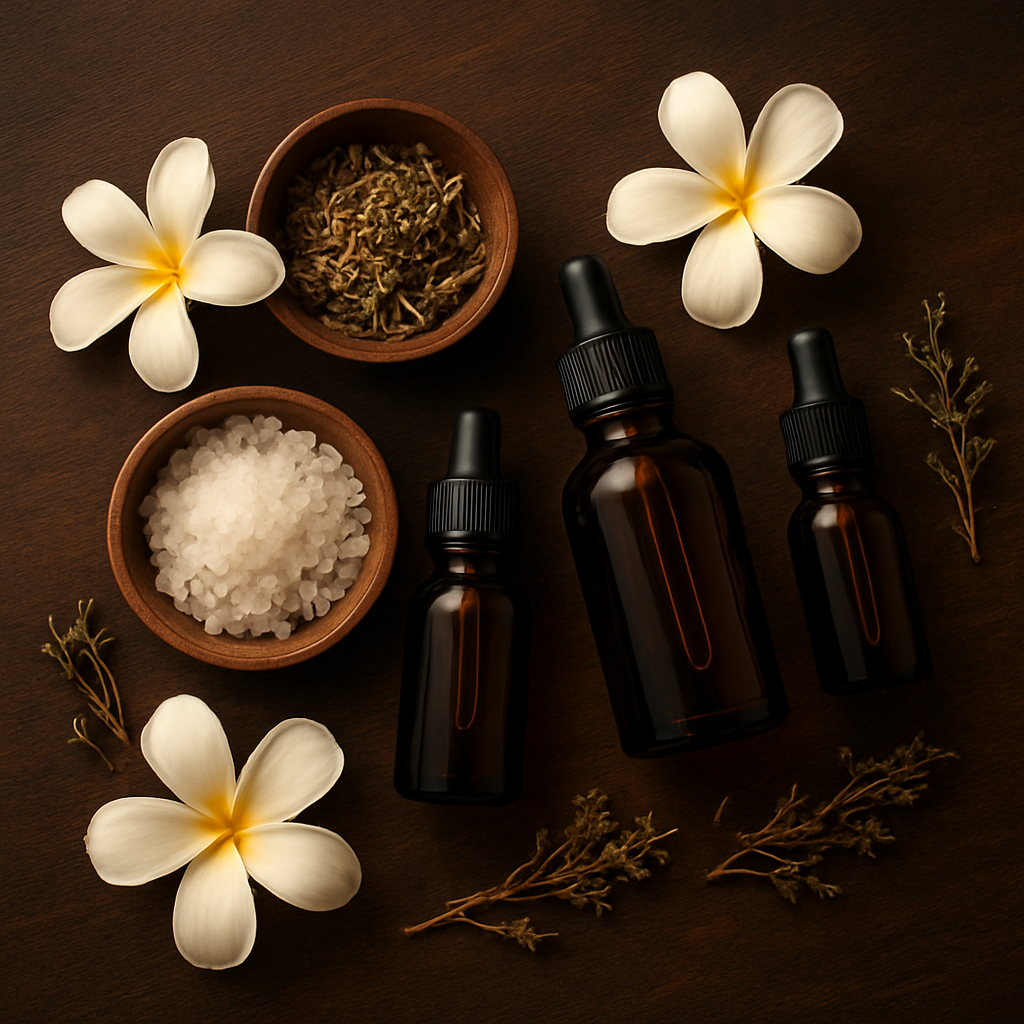 Essential oils, herbs and sea salt arranged on dark wood