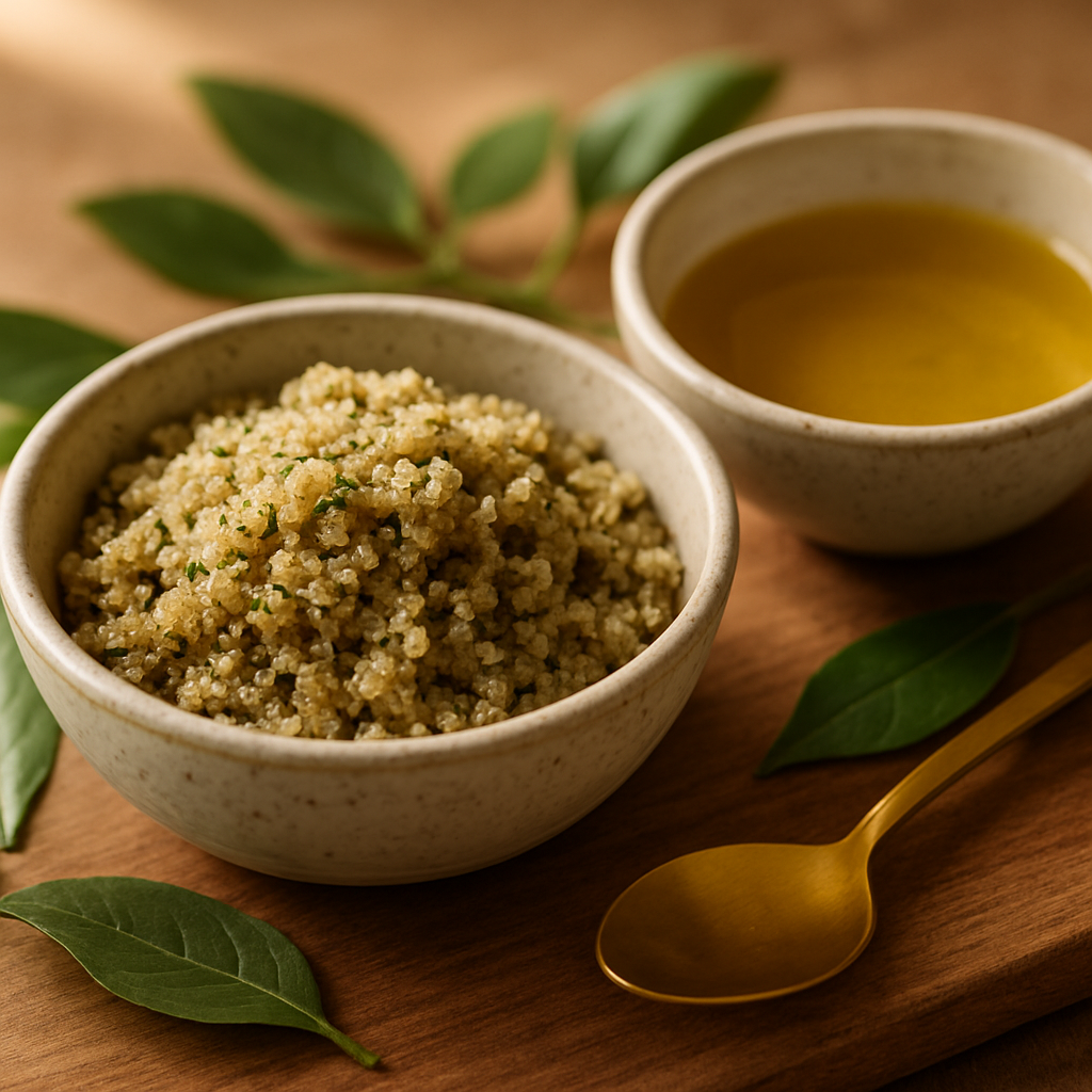 Handmade herbal scrub and oil in ceramic bowls