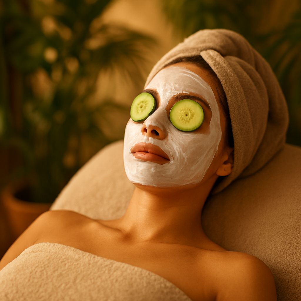 Relaxing facial treatment with a cream mask