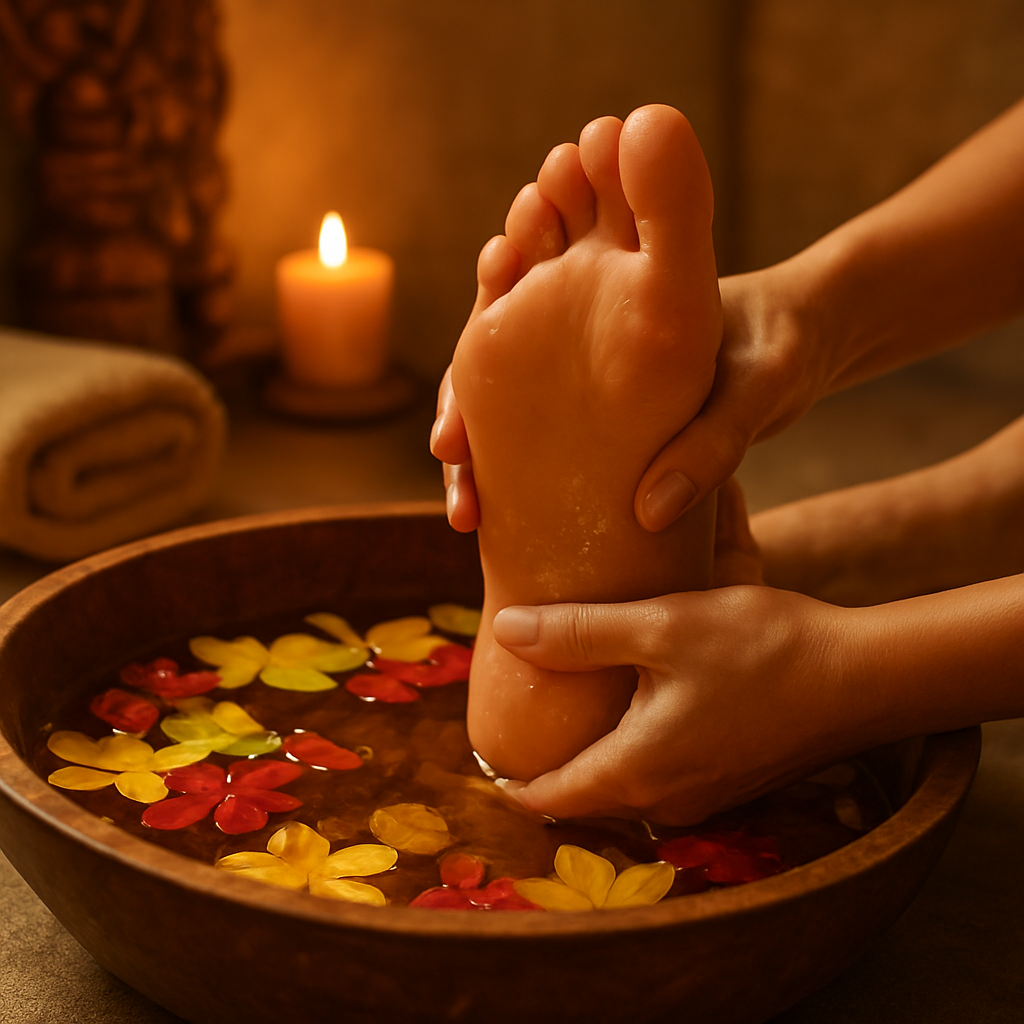 Foot reflexology massage with flower petals