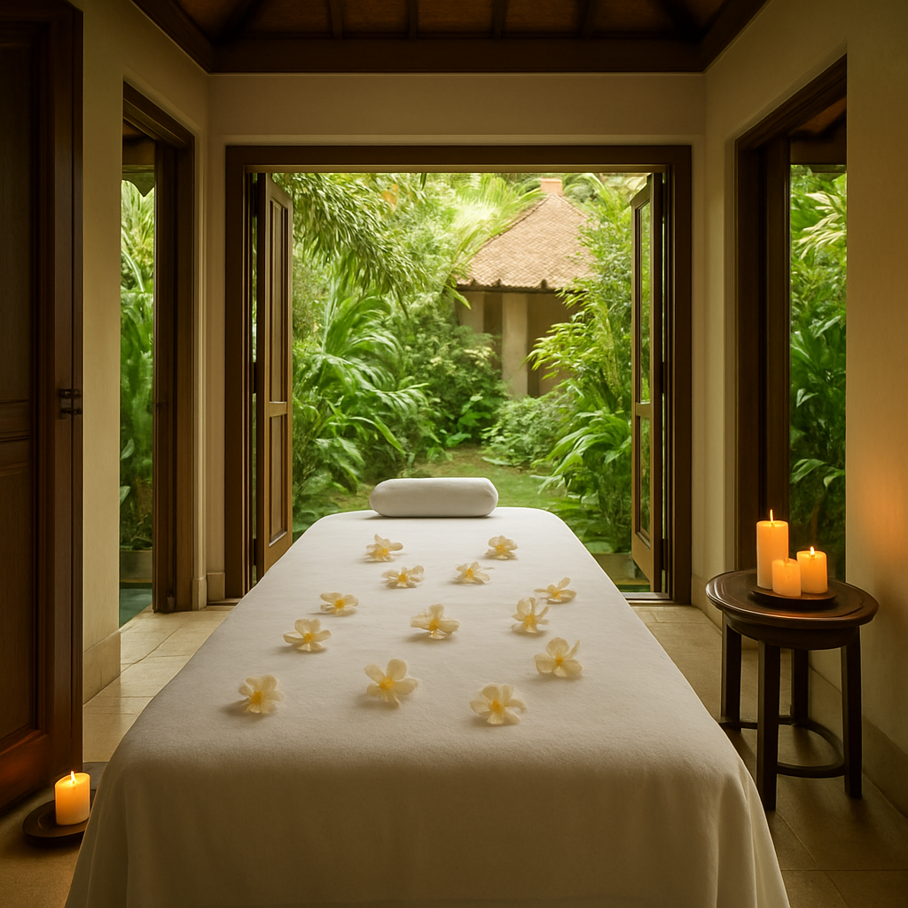 Tranquil Balinese villa spa setting with massage table and frangipani petals